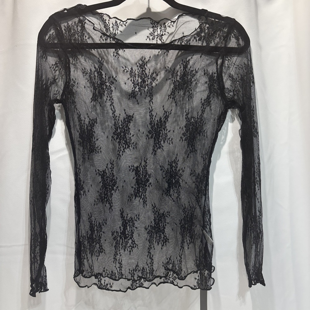 Y2K 90s Womens Top Sheer Black Lace Floral Small Whimsigoth Fairy Boho Layer